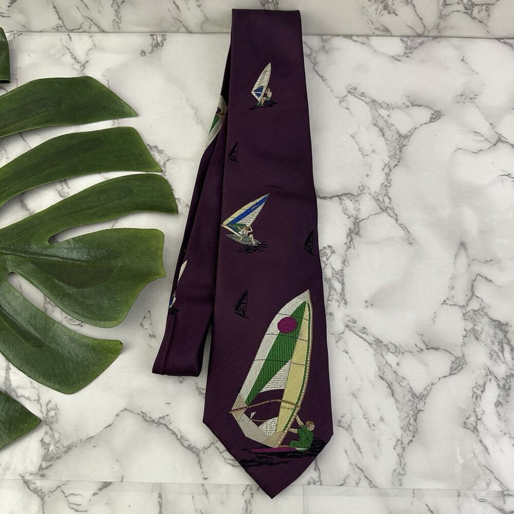 Polo Ralph Lauren Mens Vintage 80s Neck Tie Burgundy Purple Wind Surf Sail Silk